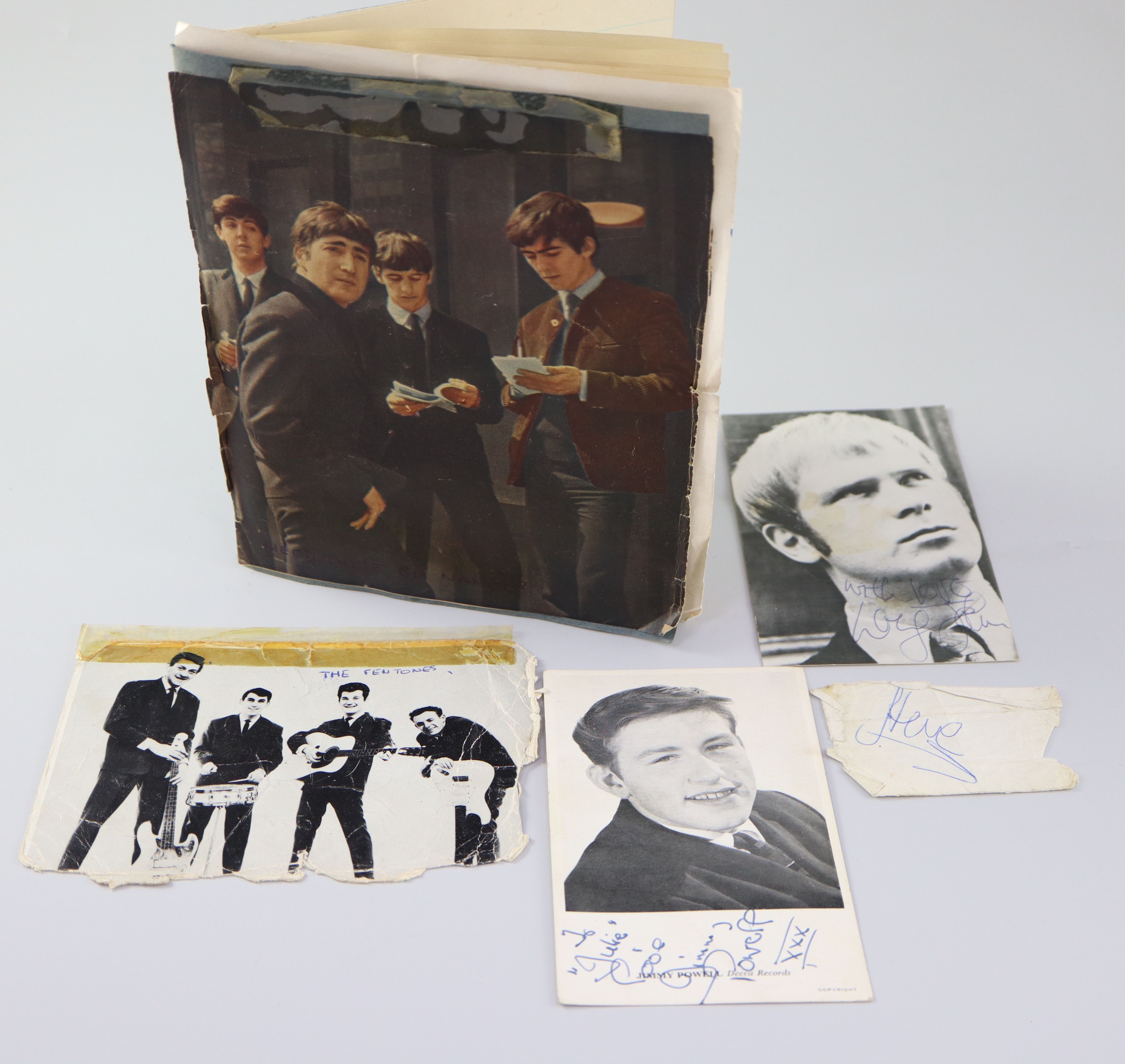 A 1960s album of rock musicians autographs including two sets of The Rolling Stones (includes Brian Jones), Johnny Kidd, c.1963-65